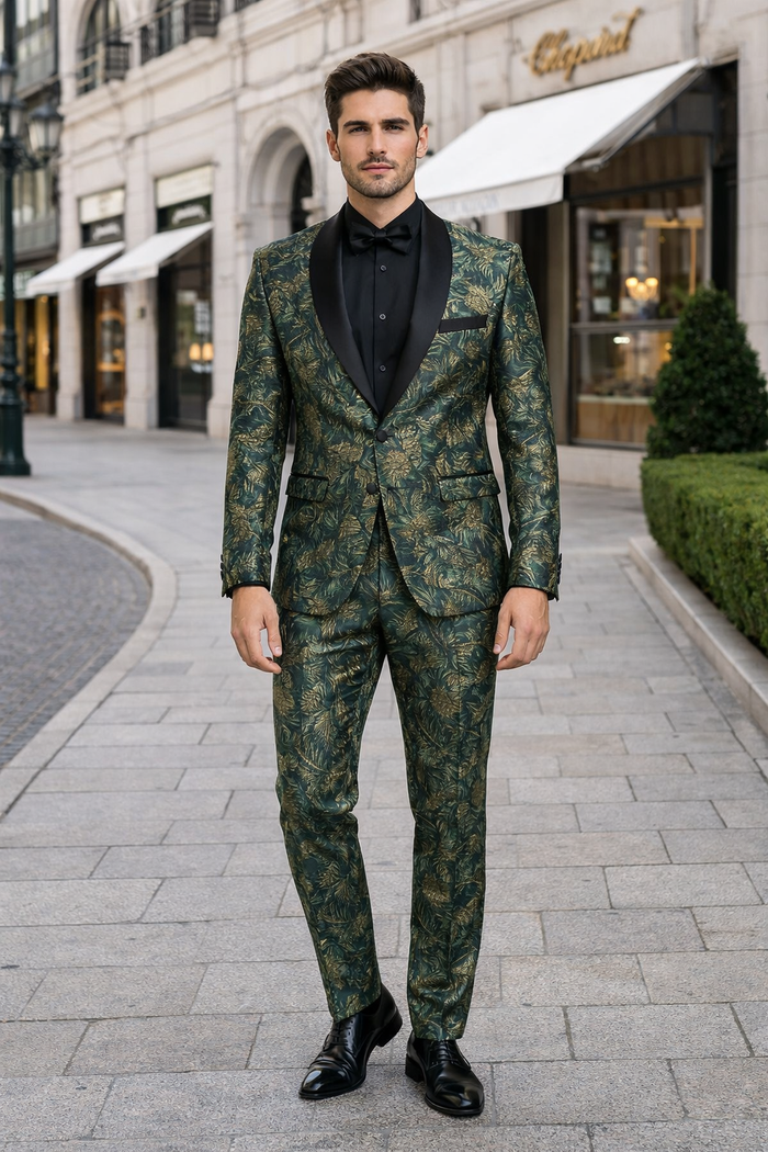 Mens Forest Camo Print Blazer with Black Satin Lapel Tuxedo - Green