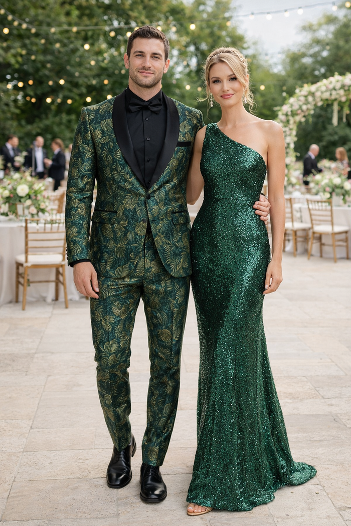 Mens Forest Camo Print Blazer with Black Satin Lapel Tuxedo - Green