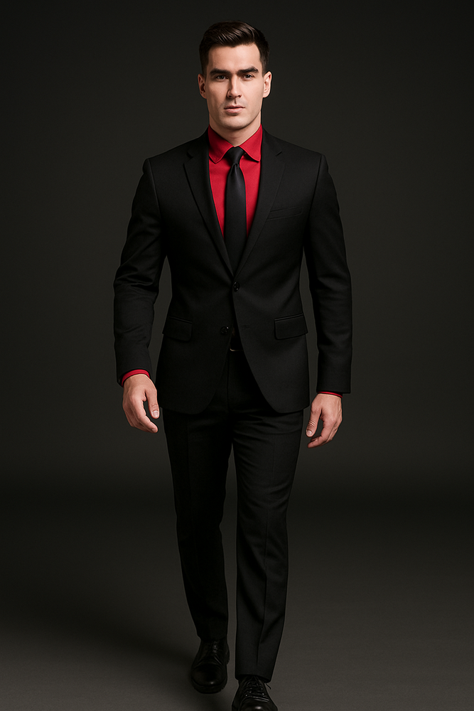 Men's Black Suit Red Shirt Black Tie Package Combo ~ Combination Deal As Seen In The Picture