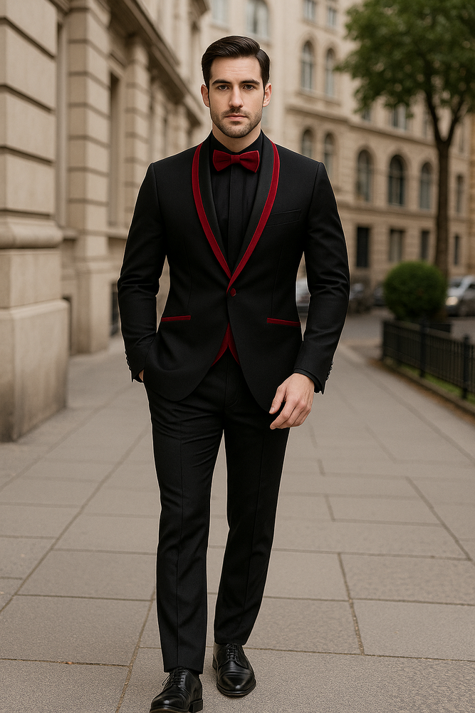 Prom 2025 ~ Wedding Tuxedo Dinner Jacket Black/Burgundy Trim