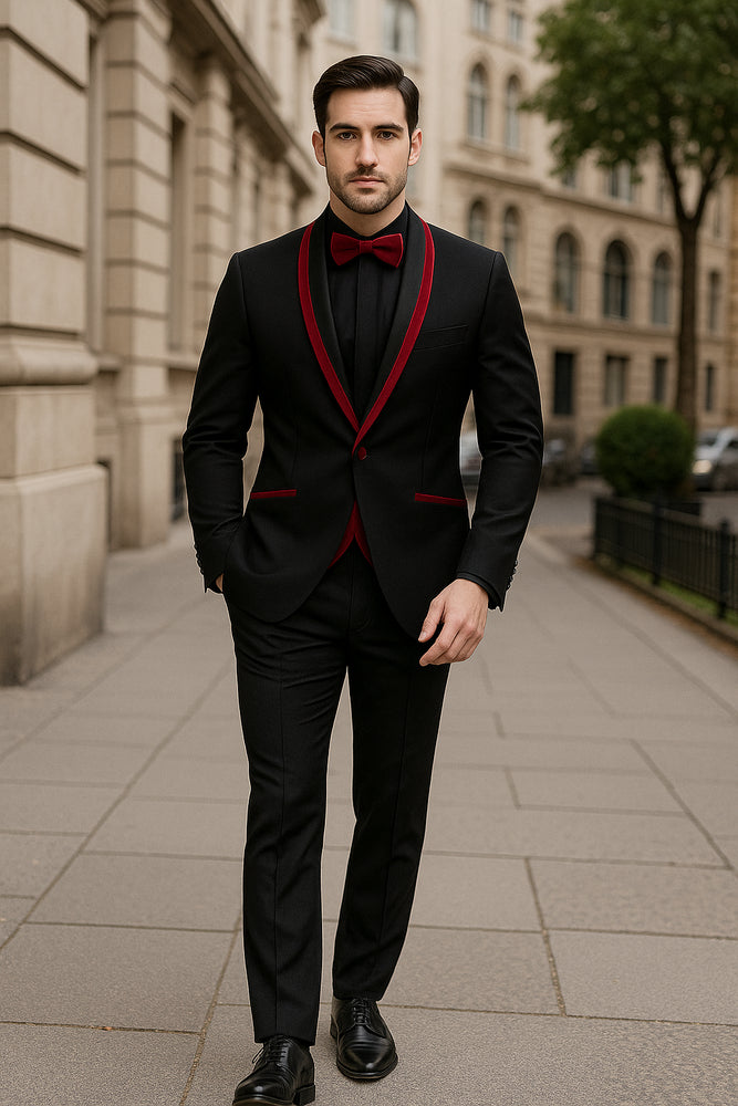 Prom 2026 ~ Wedding Tuxedo Dinner Jacket Black/Burgundy Trim