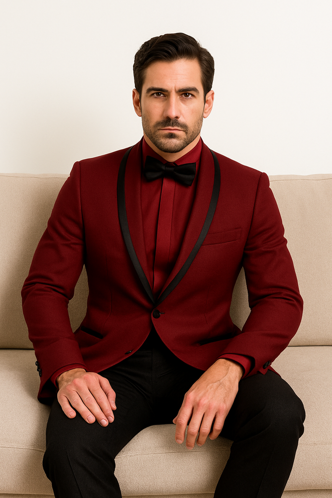 Prom 2025 ~ Wedding Tuxedo Dinner Jacket Burgundy and Black Trim