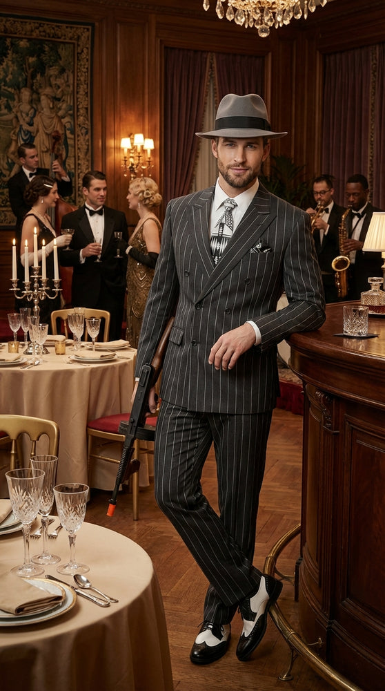 Mens Black Pinstripe AI Capone Suit – Vintage 1920s Gangster Style