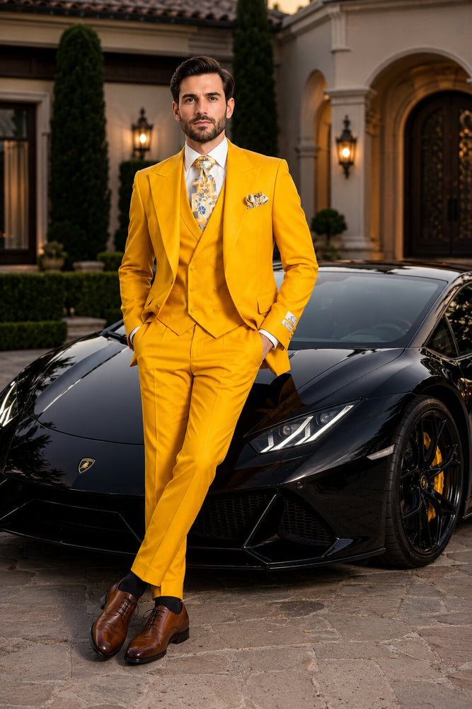 Rossi Man ELI RM103 – Modern Fit 3-Piece Men’s Suit in Bold Yellow