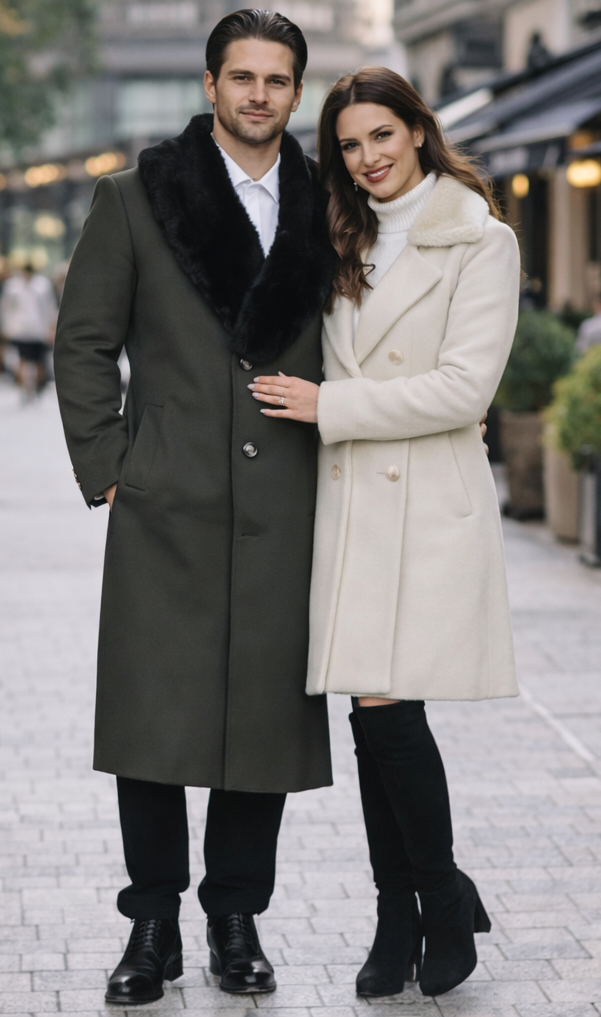 Mens Full Length Olive Overcoat with Black Fur Collar – Luxury Wool Fabric Winter Long Coat in Hunter Green