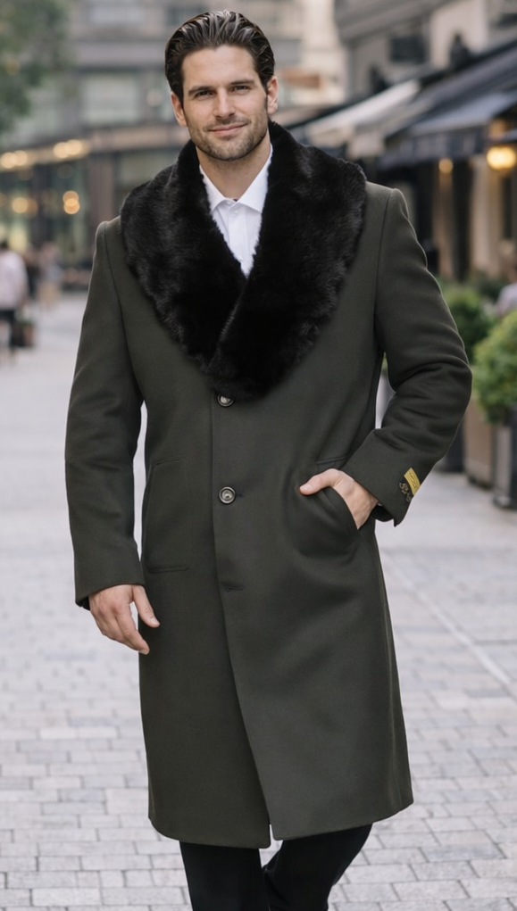 Mens Full Length Olive Overcoat with Black Fur Collar – Luxury Wool Fabric Winter Long Coat in Hunter Green