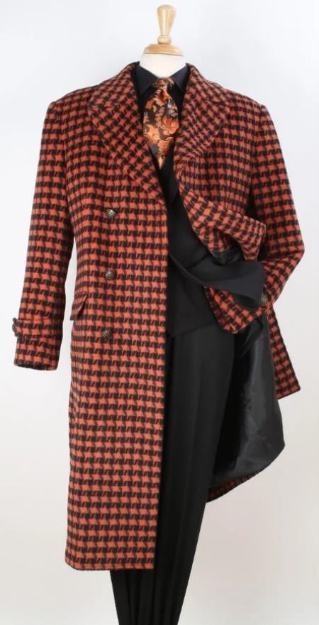 Men's Full Length Top Coat - Wide Fashion Lapel Rust Houndstooth