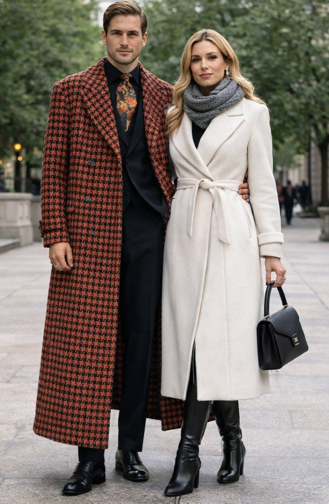 Men's Full Length Top Coat - Wide Fashion Lapel Rust Houndstooth