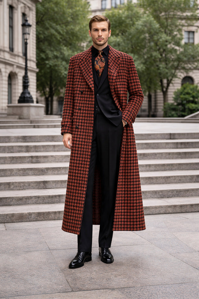 Men's Full Length Top Coat - Wide Fashion Lapel Rust Houndstooth
