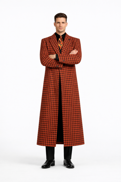 Men's Full Length Top Coat - Wide Fashion Lapel Rust Houndstooth