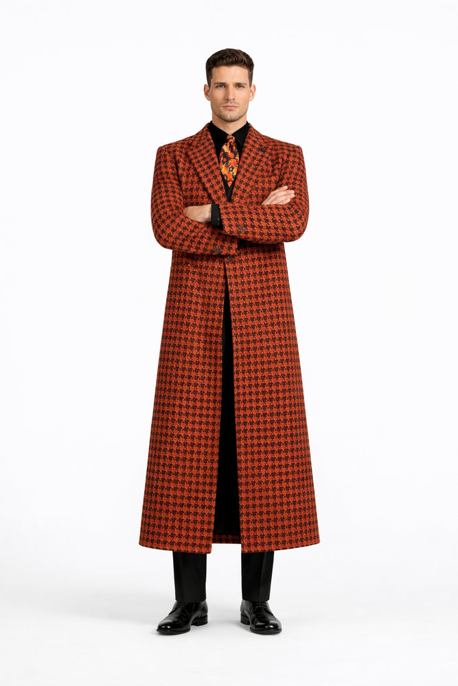 Men's Full Length Top Coat - Wide Fashion Lapel Rust Houndstooth