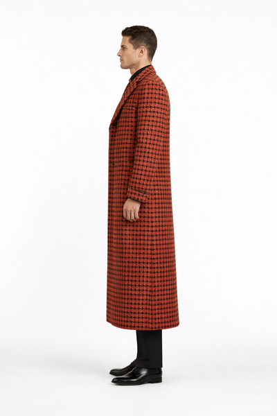 Men's Full Length Top Coat - Wide Fashion Lapel Rust Houndstooth