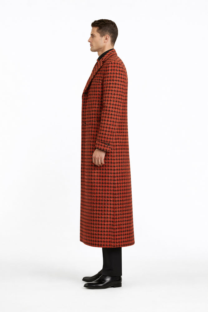 Men's Full Length Top Coat - Wide Fashion Lapel Rust Houndstooth