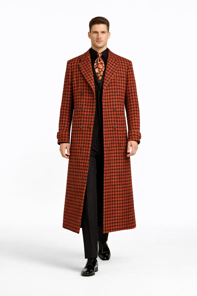 Men's Full Length Top Coat - Wide Fashion Lapel Rust Houndstooth