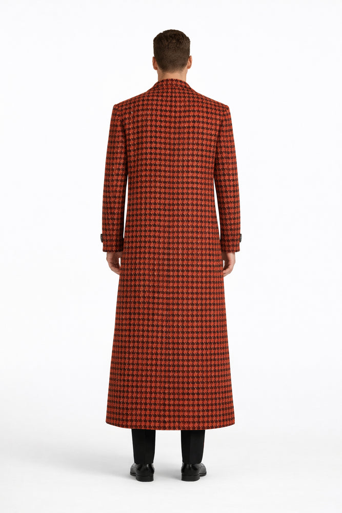 Men's Full Length Top Coat - Wide Fashion Lapel Rust Houndstooth