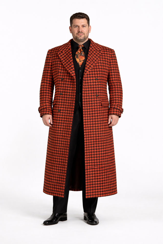 Men's Full Length Top Coat - Wide Fashion Lapel Rust Houndstooth