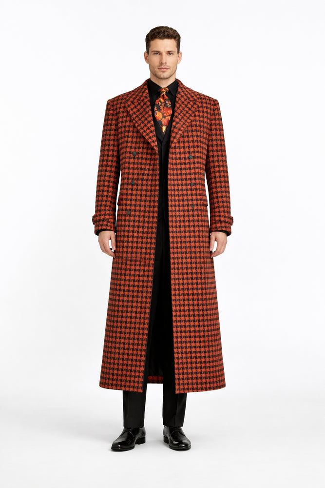 Men's Full Length Top Coat - Wide Fashion Lapel Rust Houndstooth