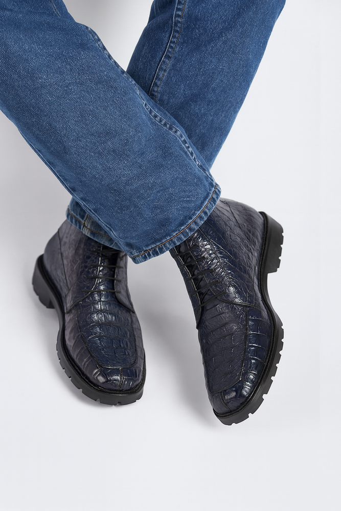 Men's Genuine Caiman Hornback Square Toe Cowboy Boots - Los Altos Navy