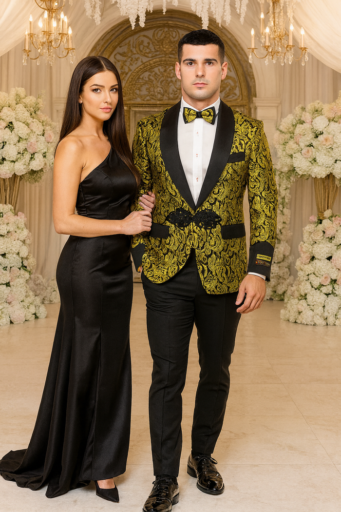 Cheap Men's Printed Unique Patterned Print Floral Tuxedo Flower Jacket Prom 2026 custom celebrity modern Tux Gold ~ Black