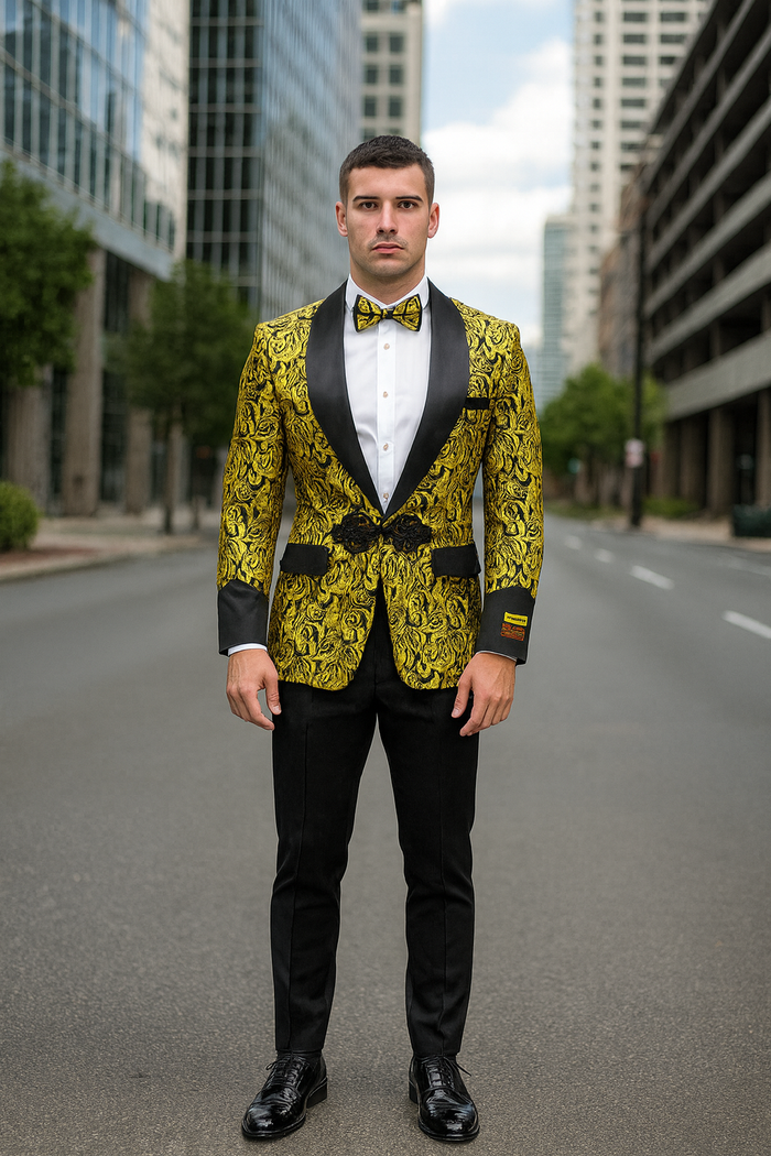 Cheap Men's Printed Unique Patterned Print Floral Tuxedo Flower Jacket Prom 2026 custom celebrity modern Tux Gold ~ Black