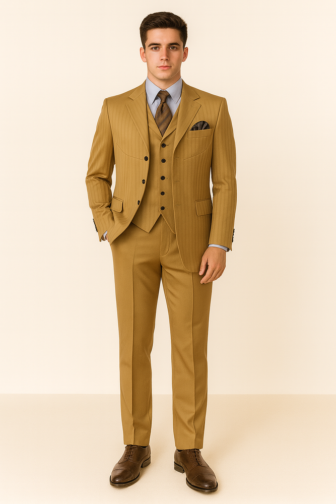 "Gold Men's Fashion Suit - 4 Button, Semi Wide Leg, Shiny Tonal Stripe"