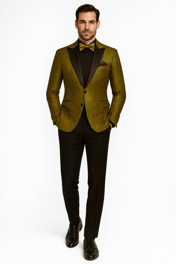 Prom 2025 Suit - Gold - Paisley Floral Tuxedo - Wedding Groom Suit