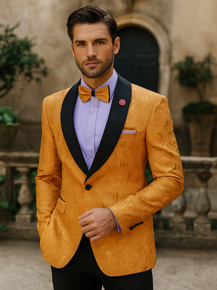 Bold Gold Tuxedo Blazer with Bow Tie – Stylish Men’s Outfit