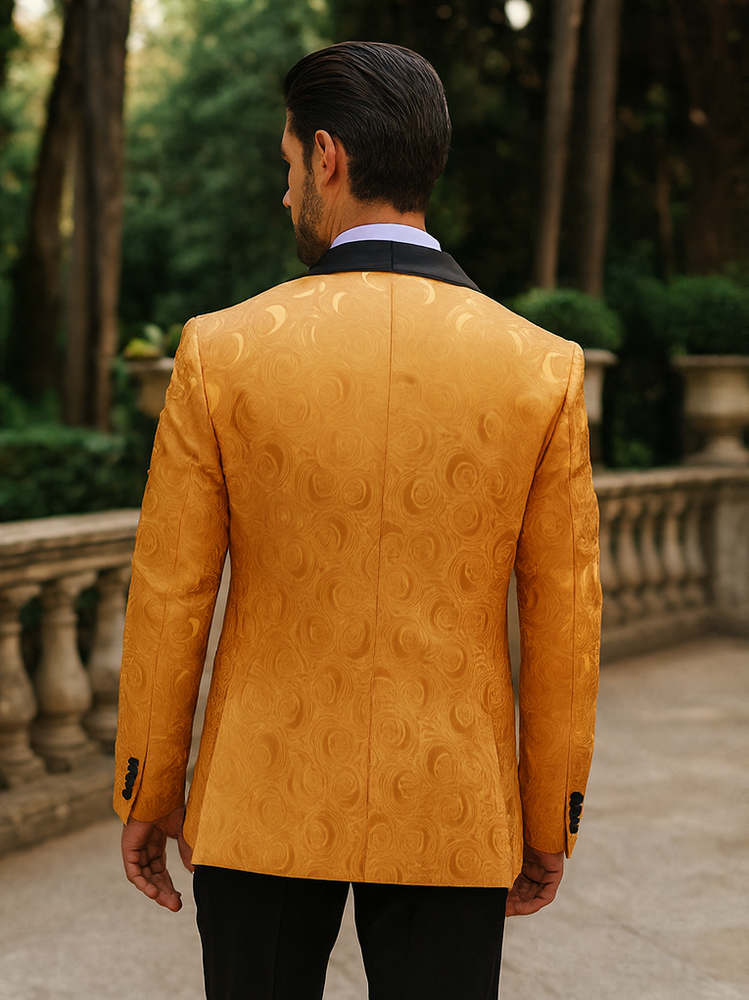 Bold Gold Tuxedo Blazer with Bow Tie – Stylish Men’s Outfit