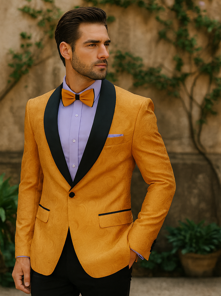 Bold Gold Tuxedo Blazer with Bow Tie – Stylish Men’s Outfit