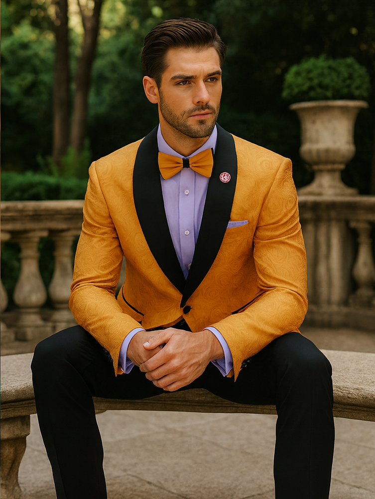 Bold Gold Tuxedo Blazer with Bow Tie – Stylish Men’s Outfit