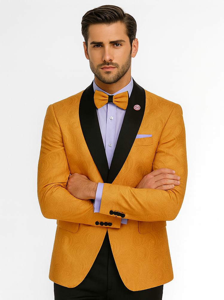 Bold Gold Tuxedo Blazer with Bow Tie – Stylish Men’s Outfit