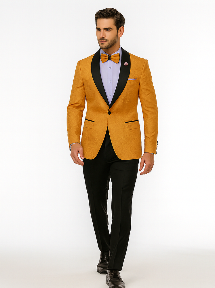 Bold Gold Tuxedo Blazer with Bow Tie – Stylish Men’s Outfit