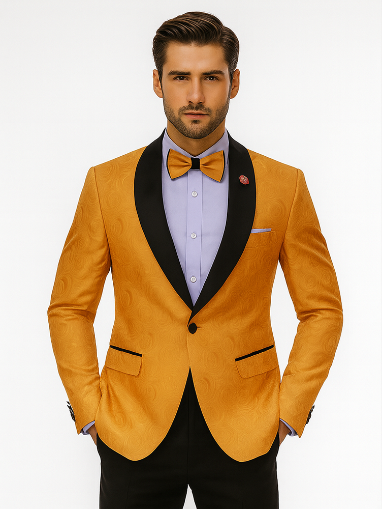 Bold Gold Tuxedo Blazer with Bow Tie – Stylish Men’s Outfit