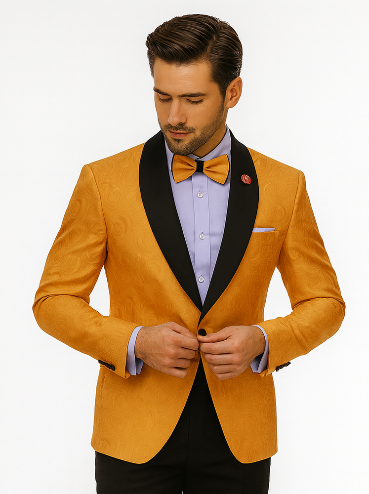 Bold Gold Tuxedo Blazer with Bow Tie – Stylish Men’s Outfit