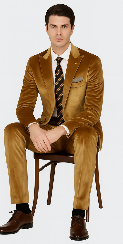 Gold Velvet Suit for Men – 2-Piece Skinny Fit Peak Lapel Formalwear by Tazzio