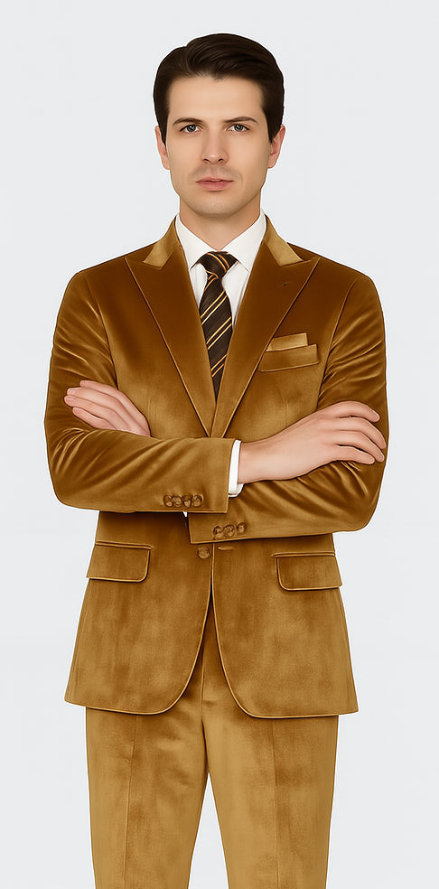 Gold Velvet Suit for Men – 2-Piece Skinny Fit Peak Lapel Formalwear by Tazzio