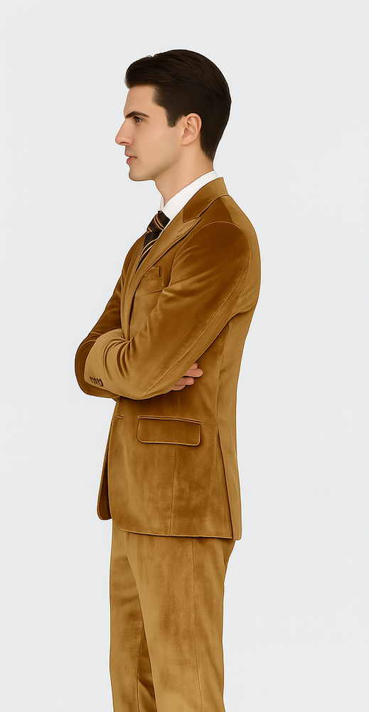 Gold Velvet Suit for Men – 2-Piece Skinny Fit Peak Lapel Formalwear by Tazzio