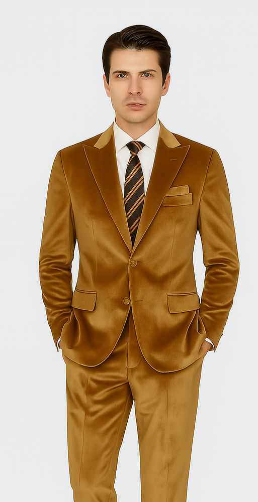 Gold Velvet Suit for Men – 2-Piece Skinny Fit Peak Lapel Formalwear by Tazzio