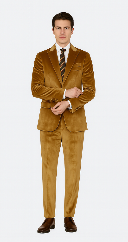 Gold Velvet Suit for Men – 2-Piece Skinny Fit Peak Lapel Formalwear by Tazzio