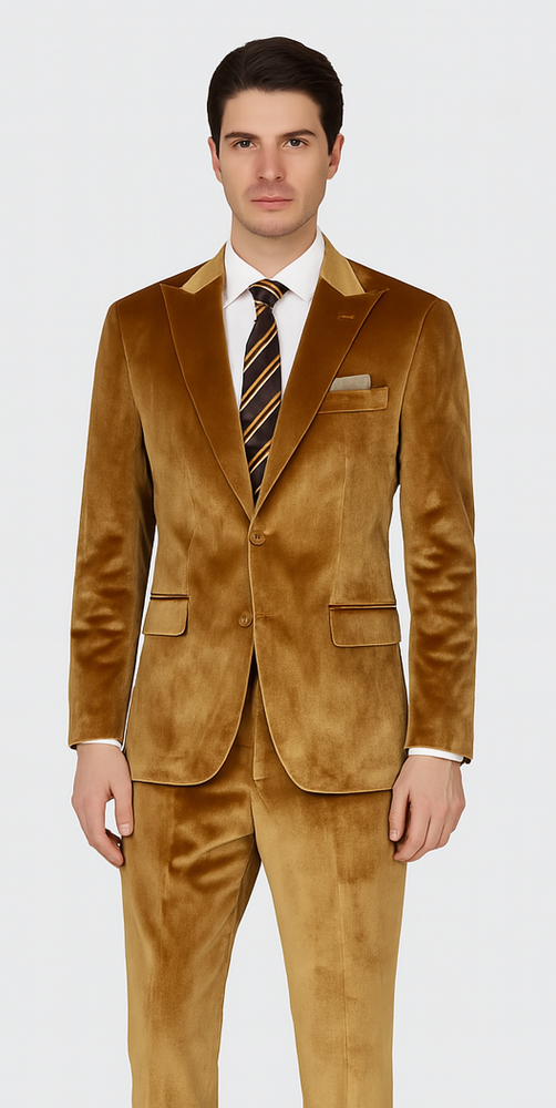 Gold Velvet Suit for Men – 2-Piece Skinny Fit Peak Lapel Formalwear by Tazzio