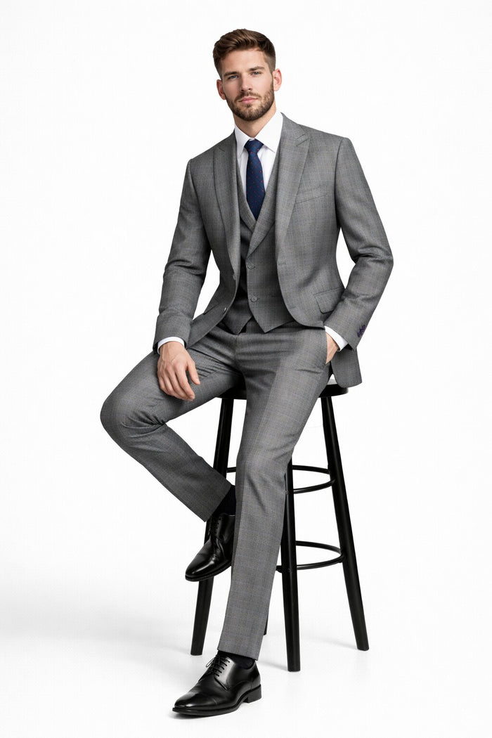 Gray Modern Fit Glen Plaid 2 Button Peak Lapel 3 Piece Suit