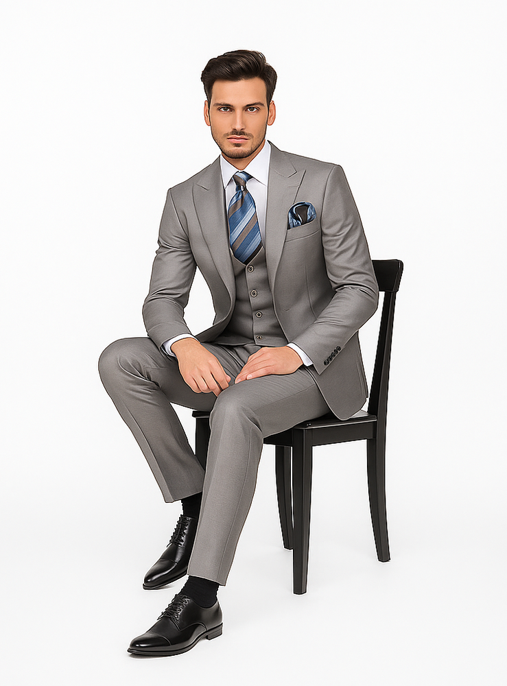 Men’s Gray Slim Fit 3-Piece Suit by Rossiman - With Vest & Tailored Trousers – Italian-Inspired Modern Elegance