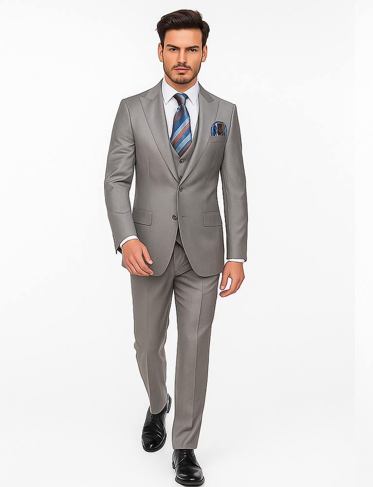 Men’s Gray Slim Fit 3-Piece Suit by Rossiman - With Vest & Tailored Trousers – Italian-Inspired Modern Elegance
