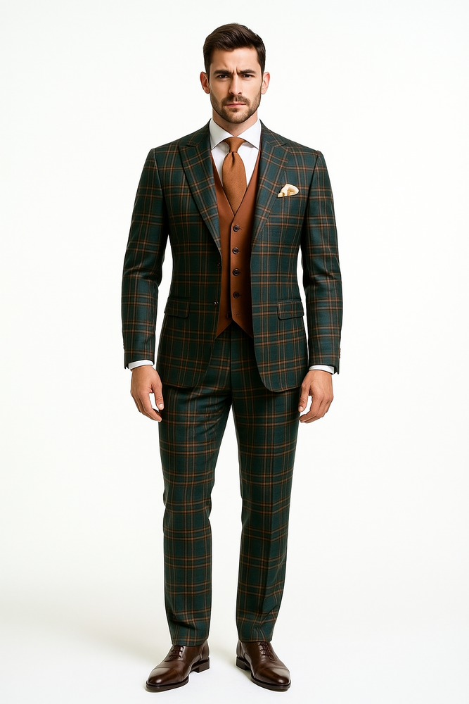 Mens Green Suit - Designer Brand Suit No Pleated Pants Modern Fit