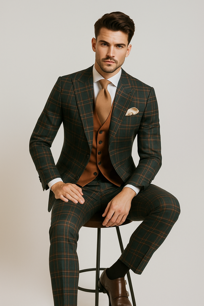 Mens Green Suit - Designer Brand Suit No Pleated Pants Modern Fit