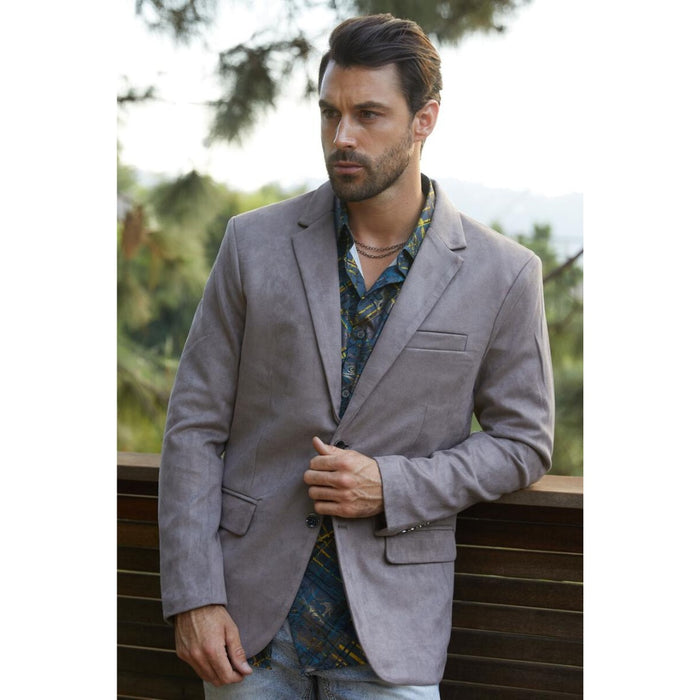Men’s Grey Faux Suede Blazer with Double-Breasted Closure