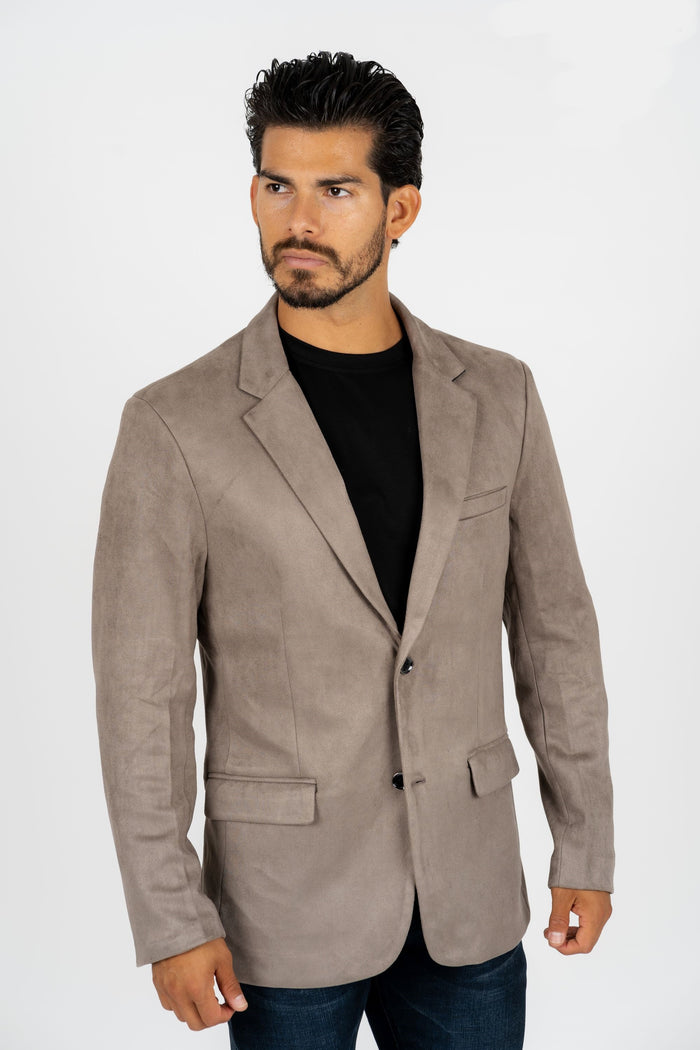 Men’s Grey Faux Suede Blazer with Double-Breasted Closure
