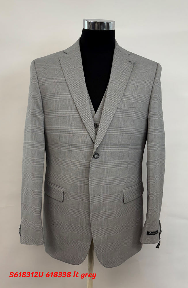 Men’s Grey Plaid 3-Piece Tailored Fit Suit with Vest