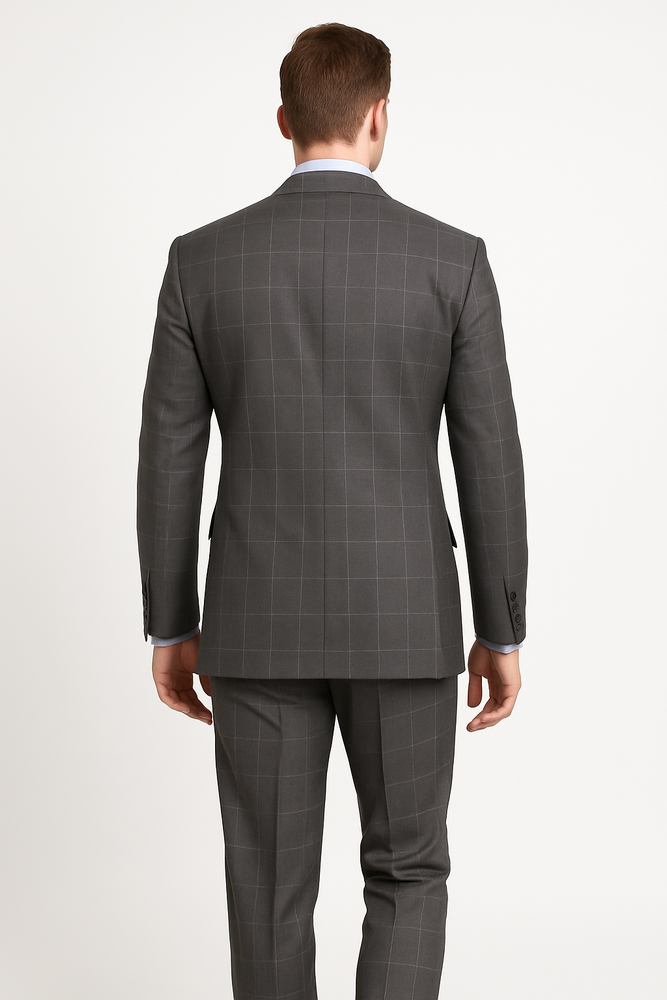 Men's Grey Two Buttons Plaid ~ Window Pane Cheap Priced Business Suits Clearance Sale Flat Front Pants Regular Cut