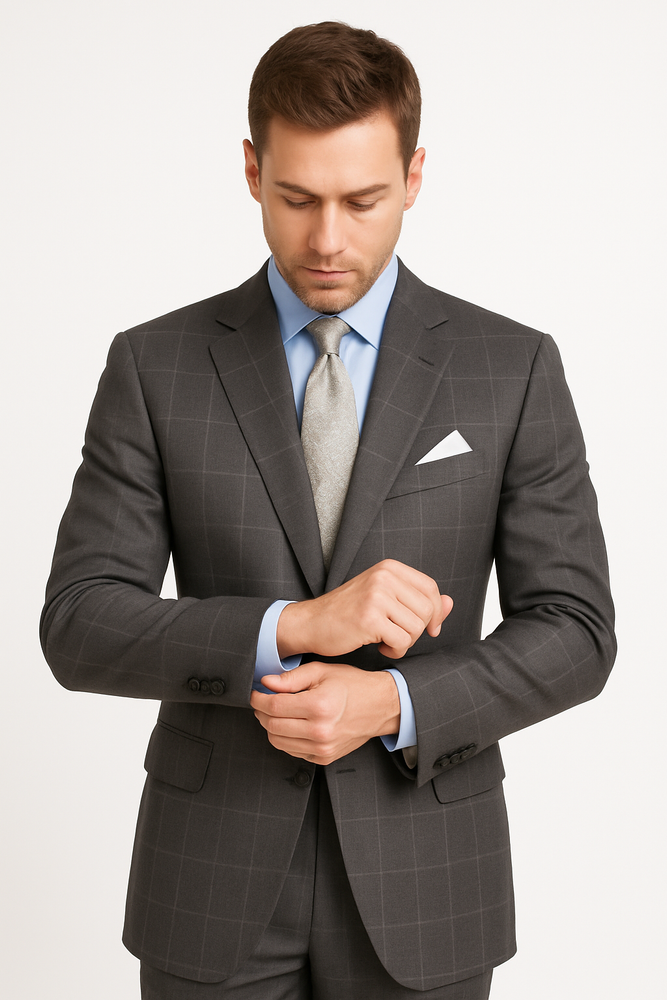 Men's Grey Two Buttons Plaid ~ Window Pane Cheap Priced Business Suits Clearance Sale Flat Front Pants Regular Cut